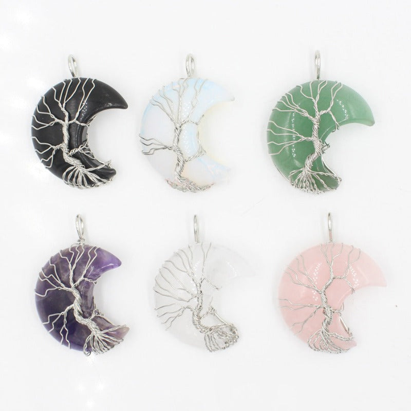 Natural Crystal Hicarer 5 Pieces Tree Life Crescent Moon  Pendant 