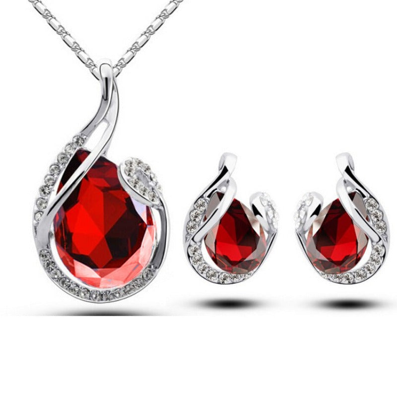 Crystal Rhinestone Teardrop Pendent Necklace Stud Earrings Jewelry Set