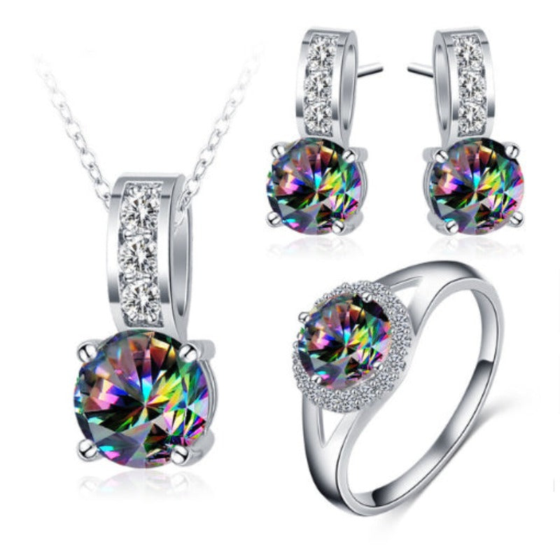 Rainbow Necklace/Earring/Ring Crystal Cubic Zirconia Jewelry Set
