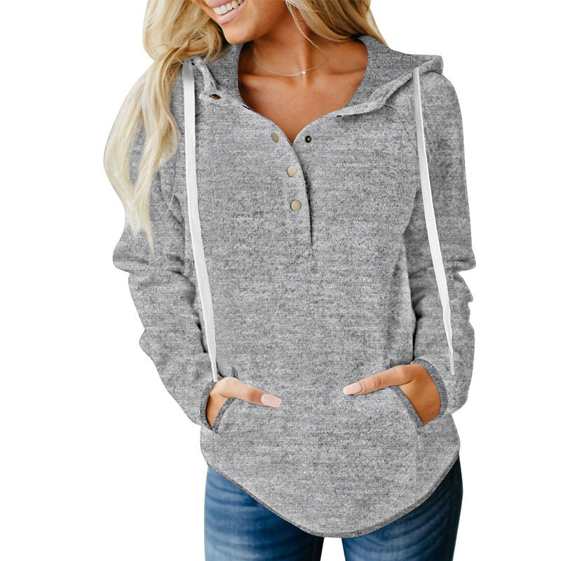 Women's Long-Sleeved Solid Color Casual Hooded Pocket