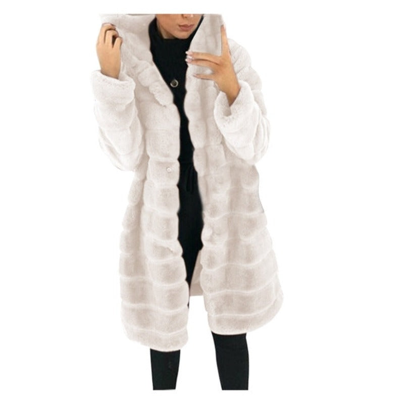 Warm Faux Fur Hooded Parka White Big Solid Long Jacket for women