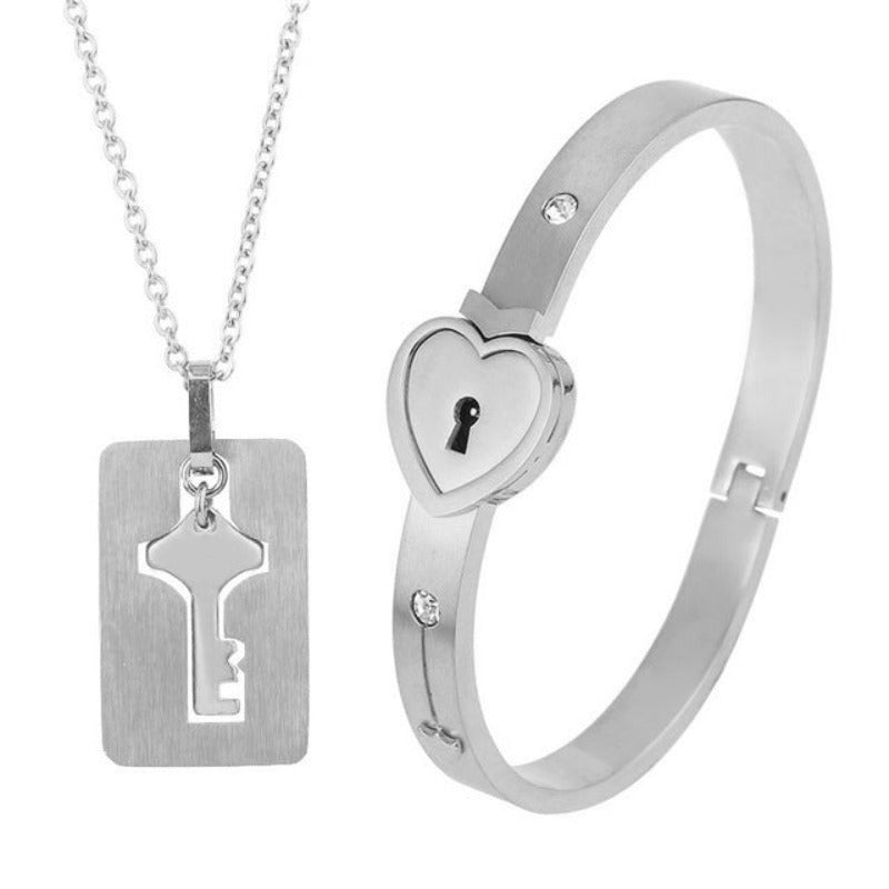 Titanium Puzzle Couple Heart Lock Key, Couple Bracelet, Necklace