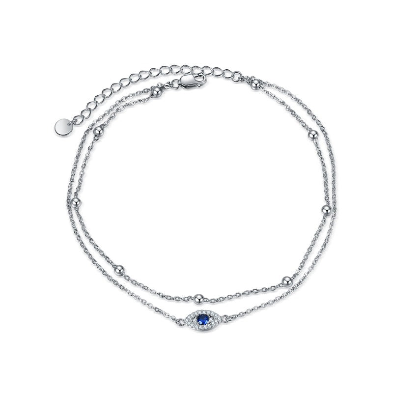 925 Sterling Silver Evil Eye Anklets Double Layered Chain