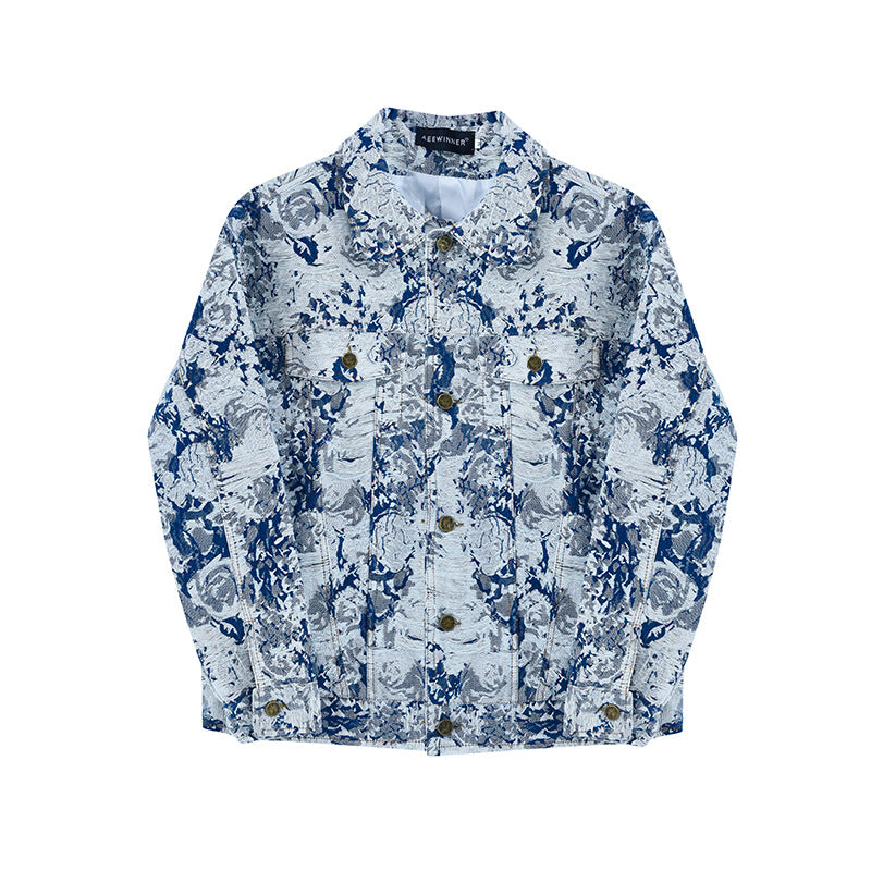 Floral Ripped Pattern Denim Jacket for Men
