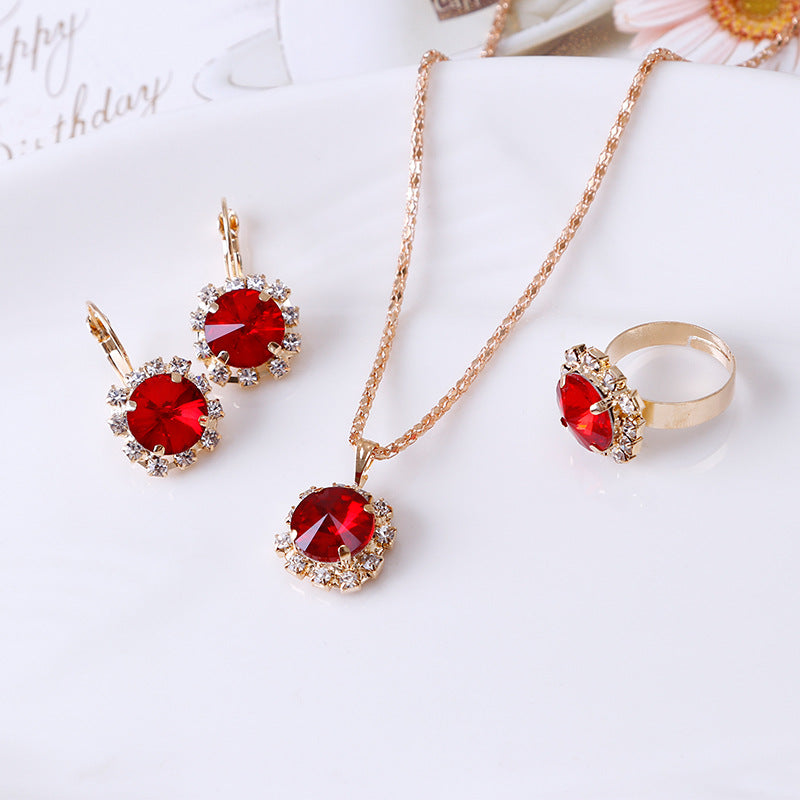 Europe and America Crystal Necklace Earring Ring Set