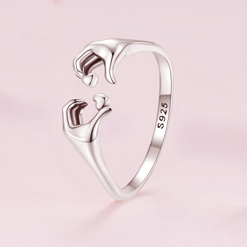 925 Sterling Silver Hand Heart Adjustable Rings for Women