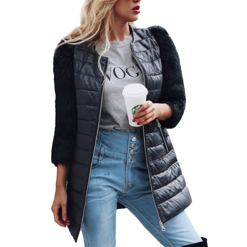 Warm Artificial Wool Parka Puffer Zipper Leather Jacket for Women