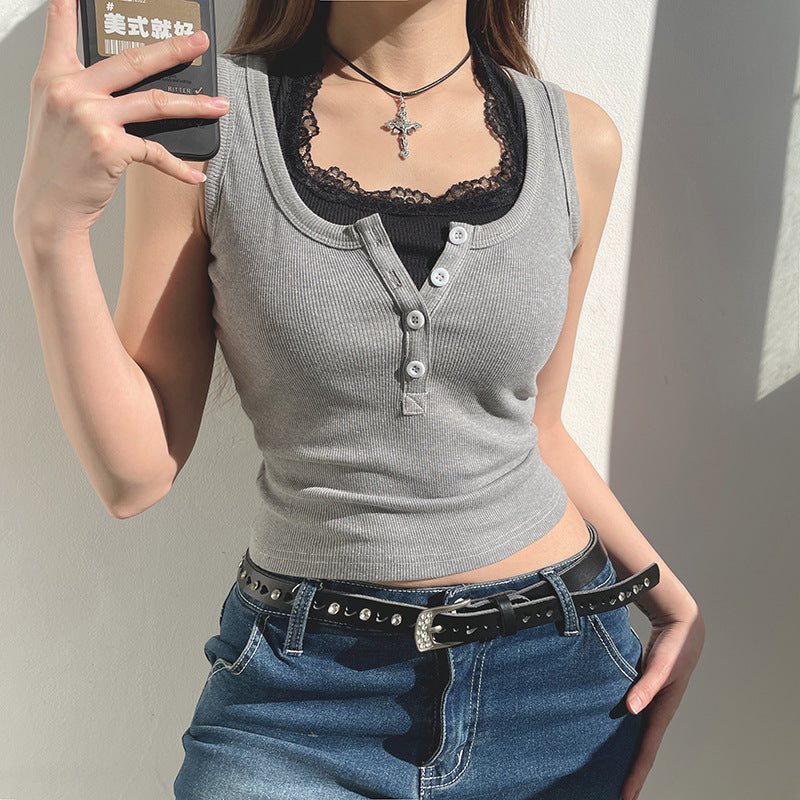 Women Choker Lace Patched Basic Summer Crop Tops