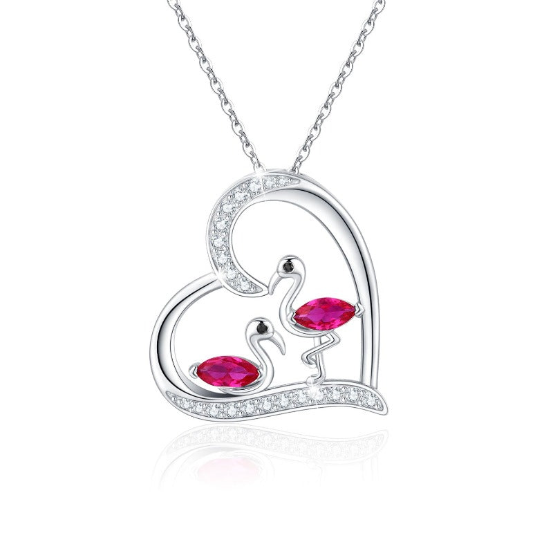 Flamingo Necklace 925 Sterling Silver Animal Heart Pendant