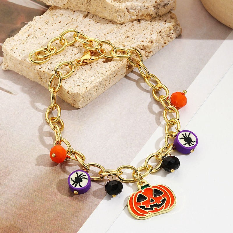 Halloween Yellow Red Pumpkin Skull Pendant Bracelet for Girls