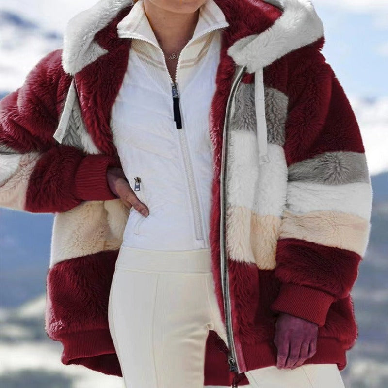 Women's Hooded Fur Coat Fleece with Zip Casual Coat Pockets Zipper Overcoat