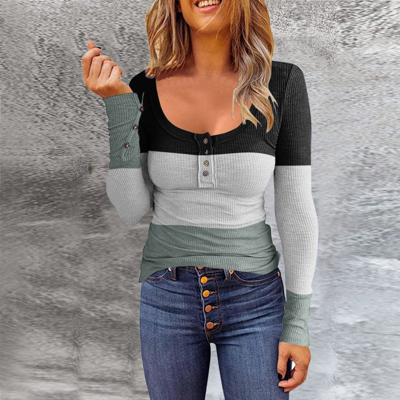 Women's Gradient Round Neck Pullover Button Long Sleeves